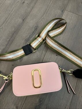Amazon Pink Crossbody Bag with Olive Stripe Strap and Gold Hardware
